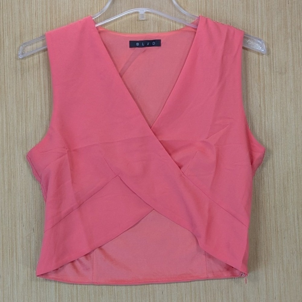 Blvd Women Feminine Romantic Party Surplice Crossover Crop Top Size L Coral Pink